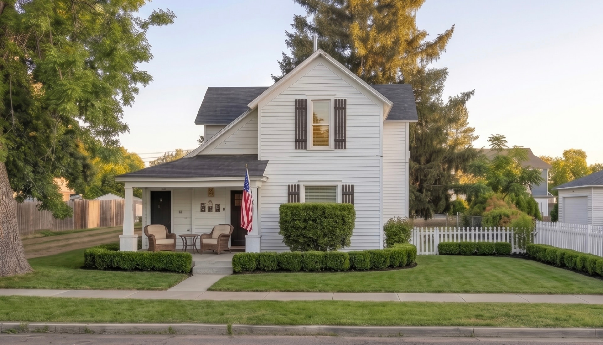 Rising Sun Nampa white two-story home with covered porch and American flag