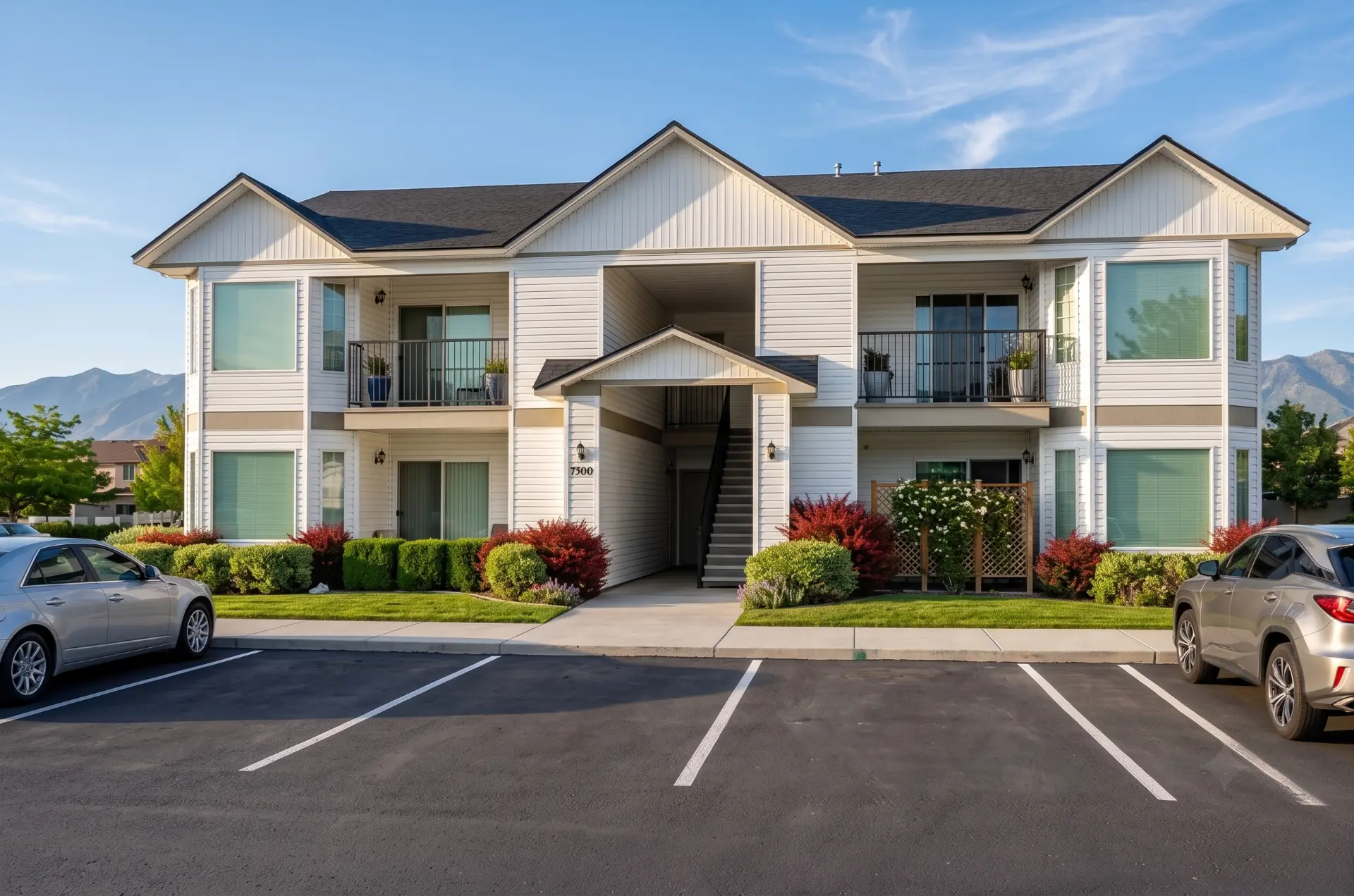 Exterior of a two-story Rising Sun private-rental apartment building with landscaped walkways