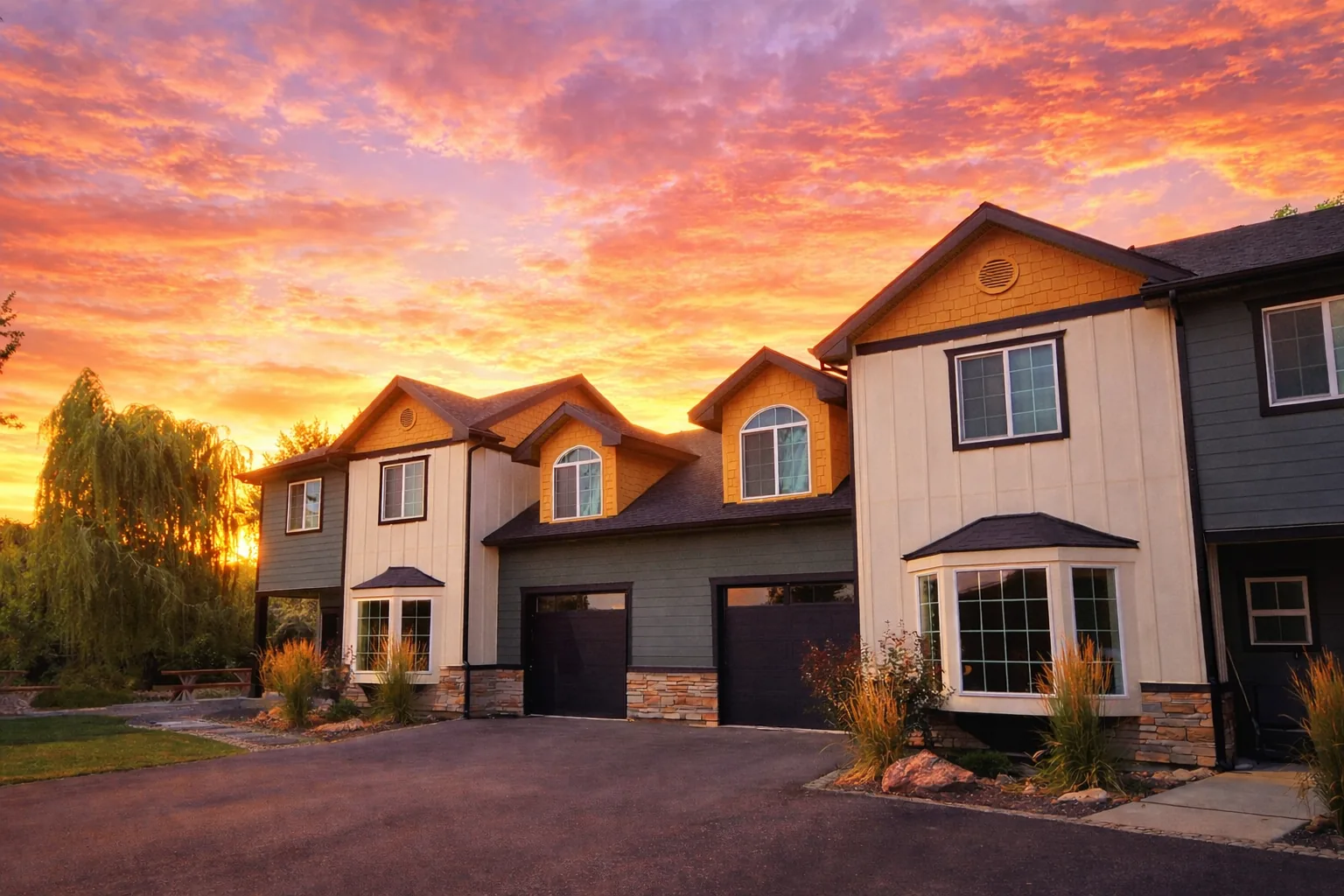 Rising Sun Sober Living home in Idaho at sunset — two-story craftsman house with warm orange and pink sky
